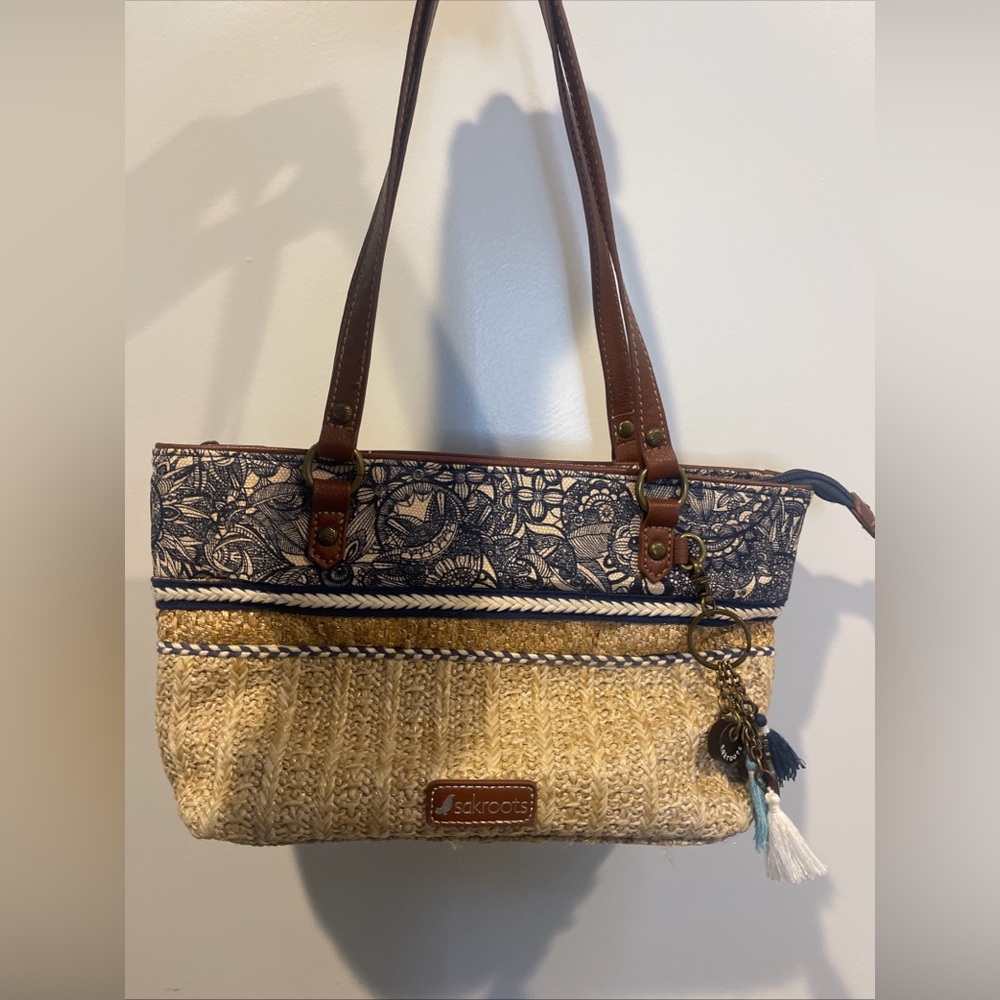Sakroots Ellis Small Satchel Bag Beige Straw Floral Blue Shoulder Purse Charms